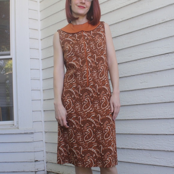 60s Mod Print Dress Rust Spice S Vintage Mary Dobb - Picture 7 of 7